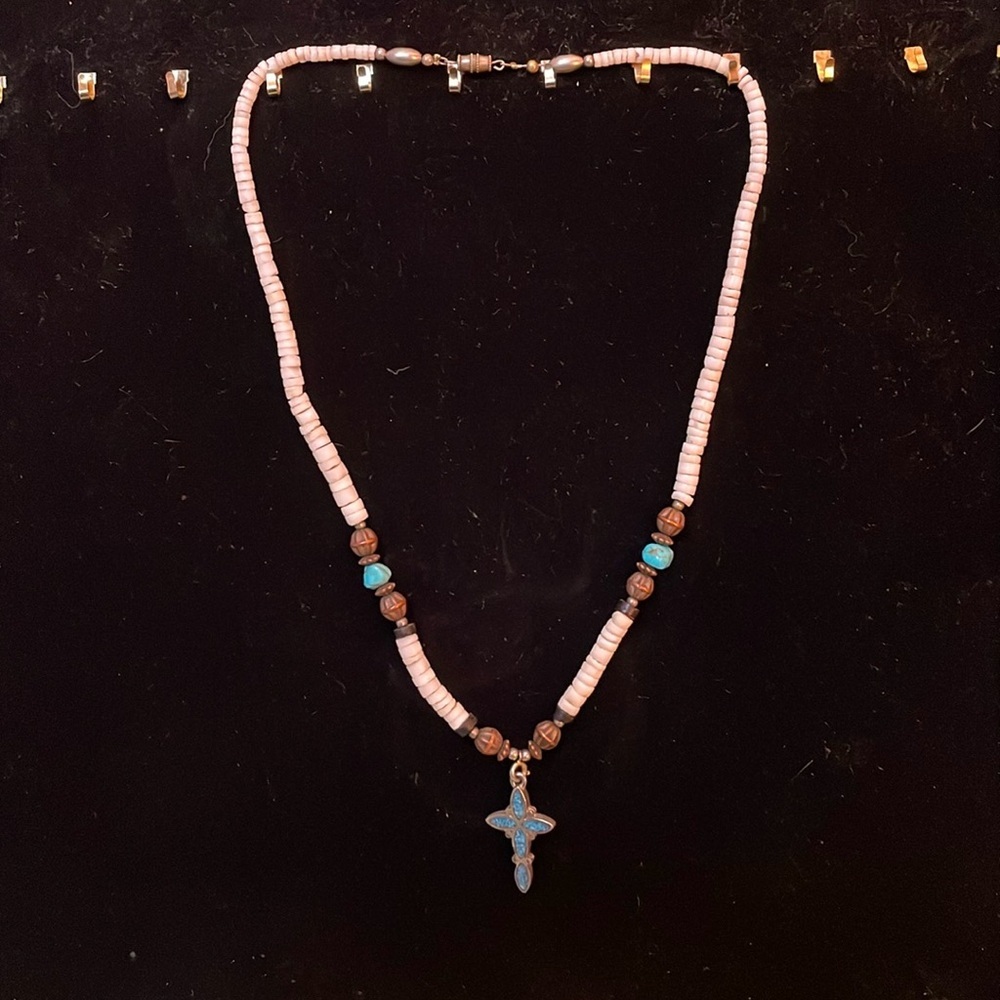 Handmade Turquoise Necklace with Green/Red Cross
